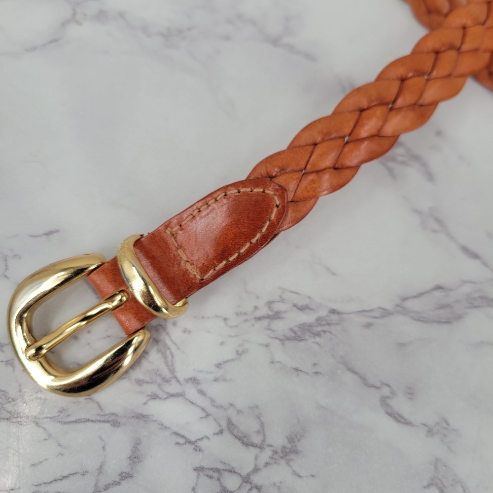 Braided Leather Waist Belt in Cognac with Gold Tone Buckle - Picture 4 of 10